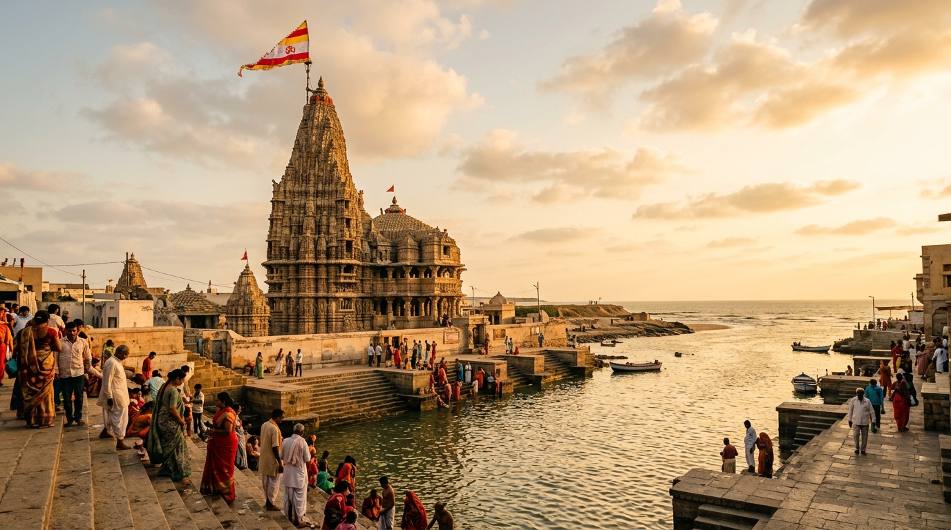 Dwarkadhish Temple Jagat Mandir at sunset