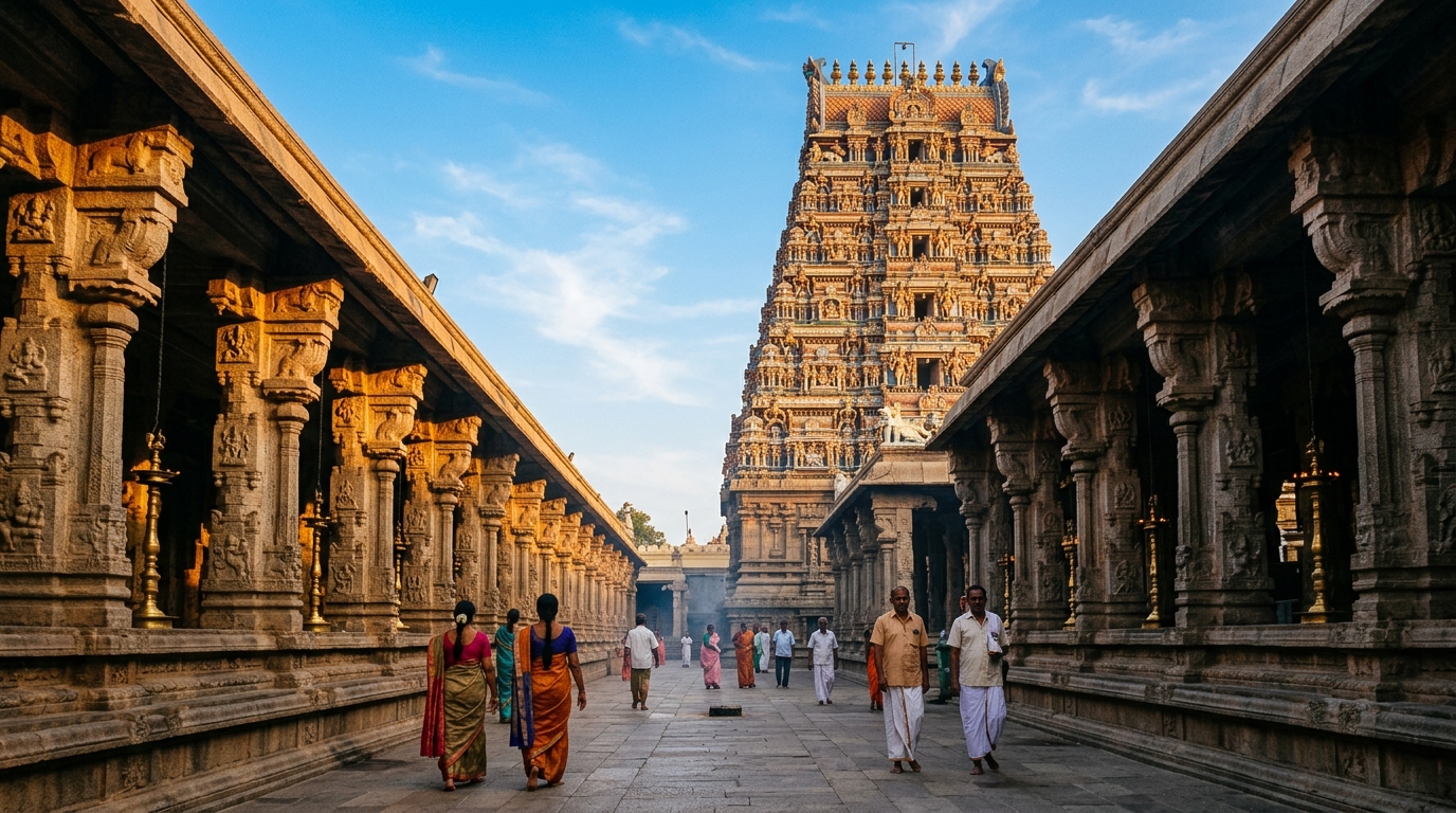 South Indian Temple Gopuram and Rameshwaram Corridors